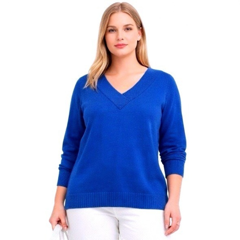 Karen Scott Blue V-Neck Sweater Women's L Cotton Blend Knit Pullover Long Sleeve